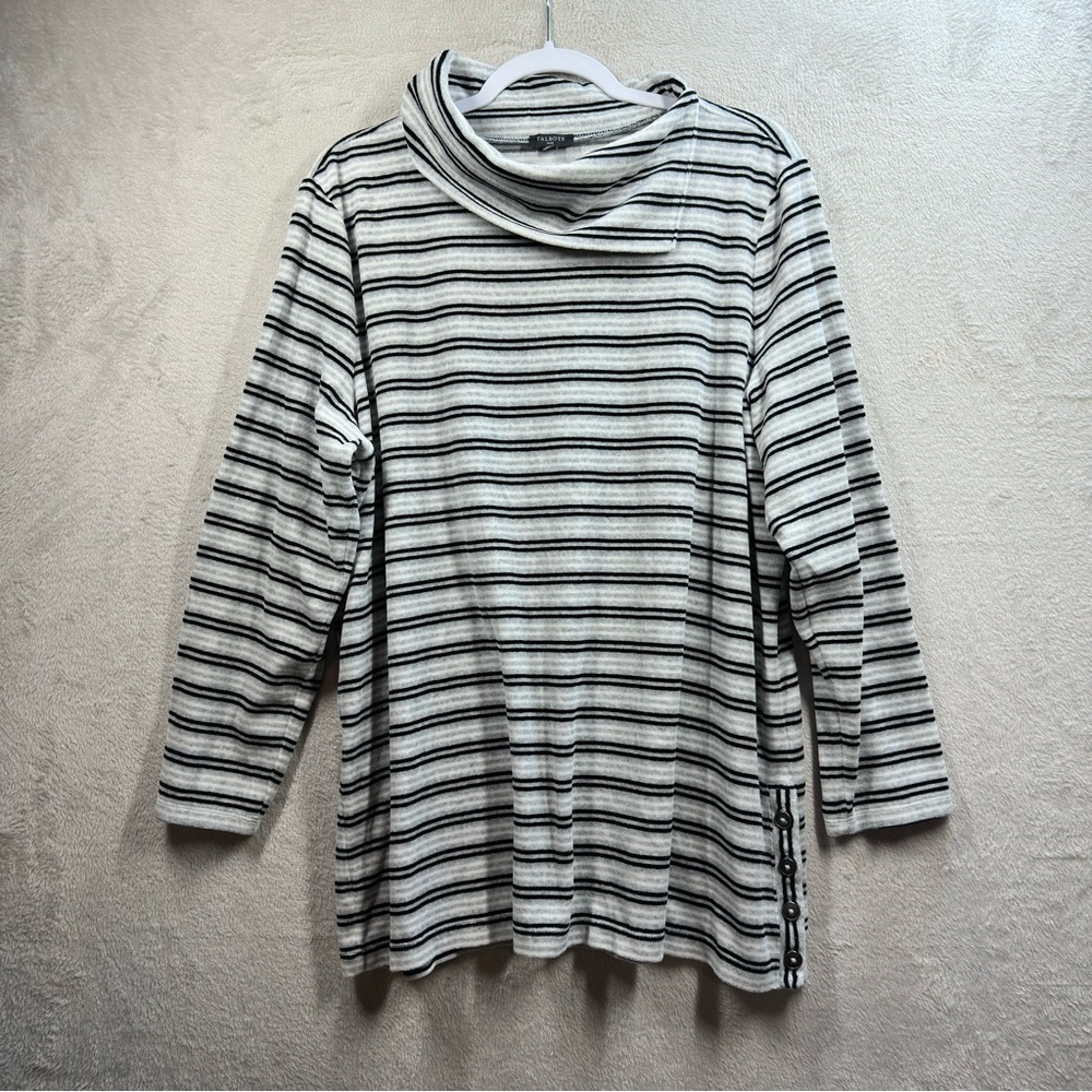 Talbots Tunic Top Plus 2X‎ Luxe Velour Black Gray Striped Cowl Neck Long Sleeve